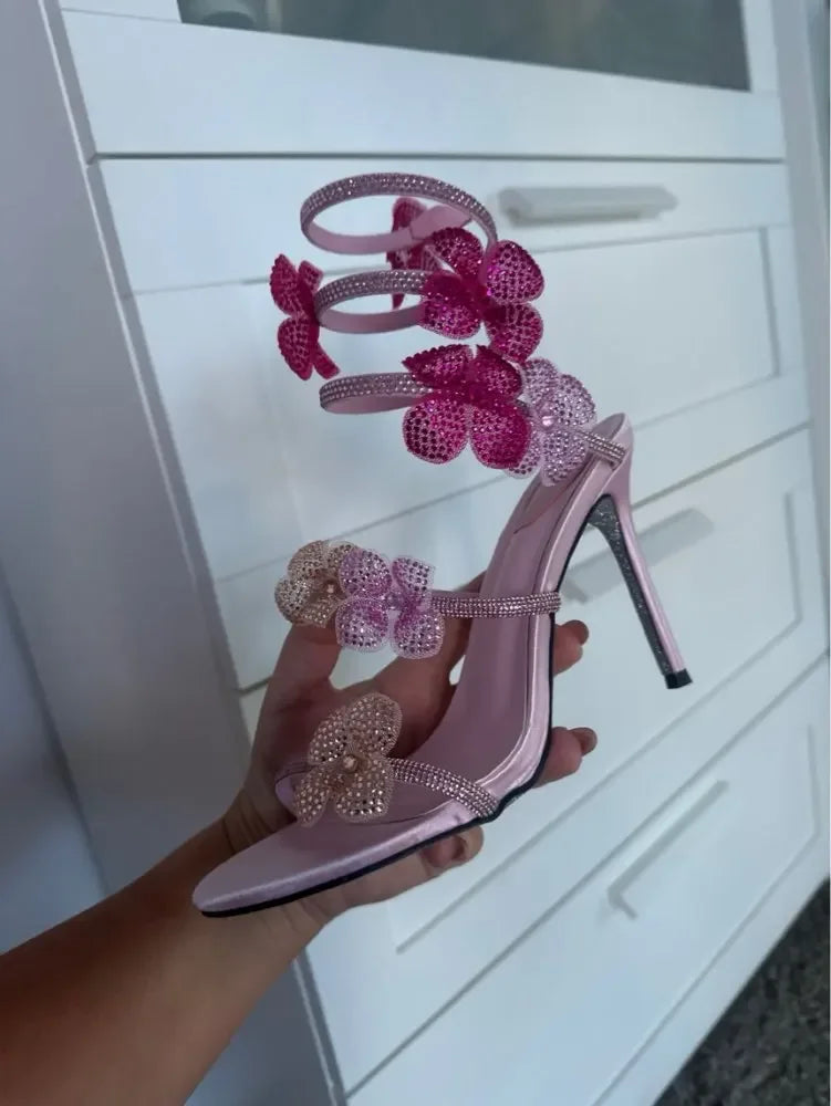 Crystal Flower Narrow Band Ankle Strap Thin Stiletto Heel Formal Sandal Pumps