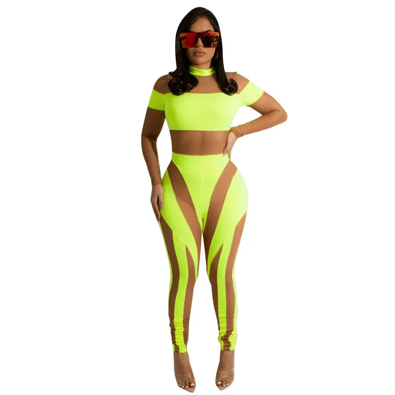 Neon Color Sheer Mesh Transparent Hollow-Out Skinny Sleeveless Club Jumpsuit to 5X Plus Size