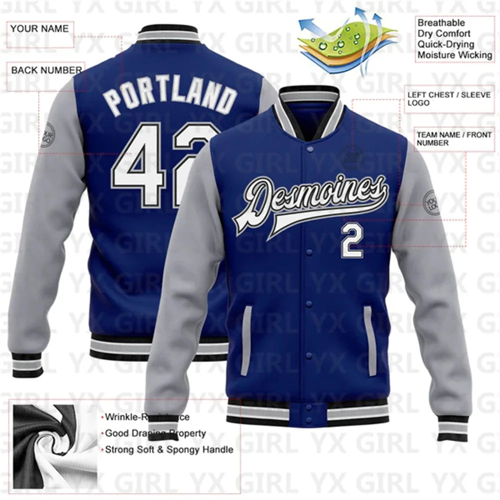 Customized Unisex 3D Letter Print/Team Name Personalized Royal White/Black/Gray Full-Snap Letterman's 2-Tone Baseball Button-Up Varsity Bomber Jacket