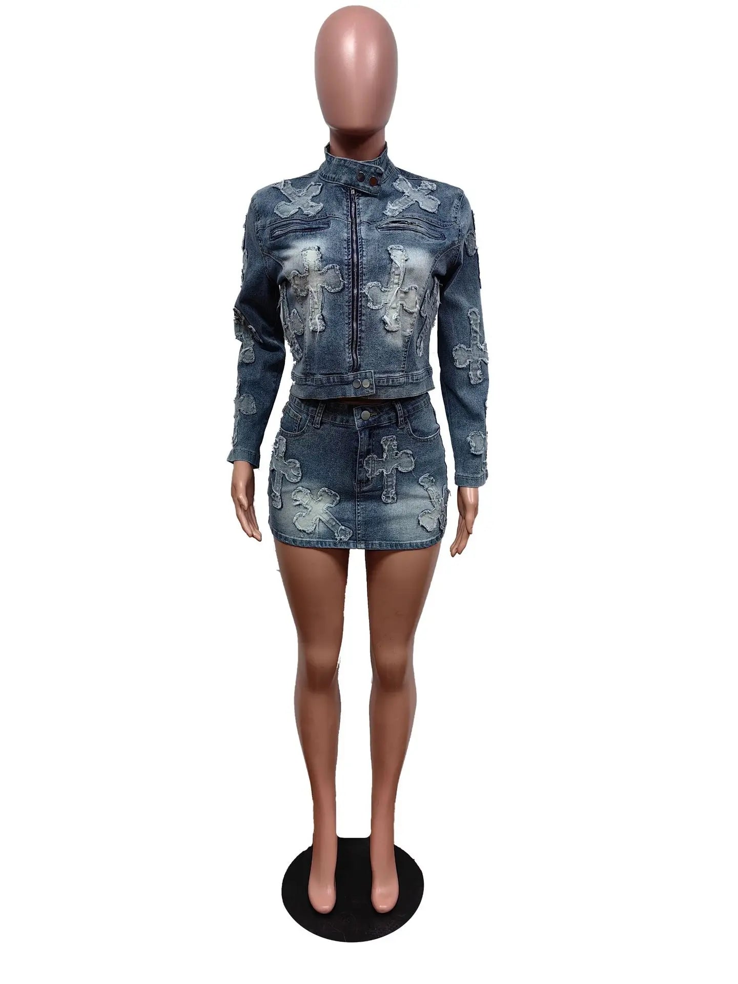 Denim Cross Embroidered Cropped Jean Jacket + Cargo Mini Skirt 2-Piece Set