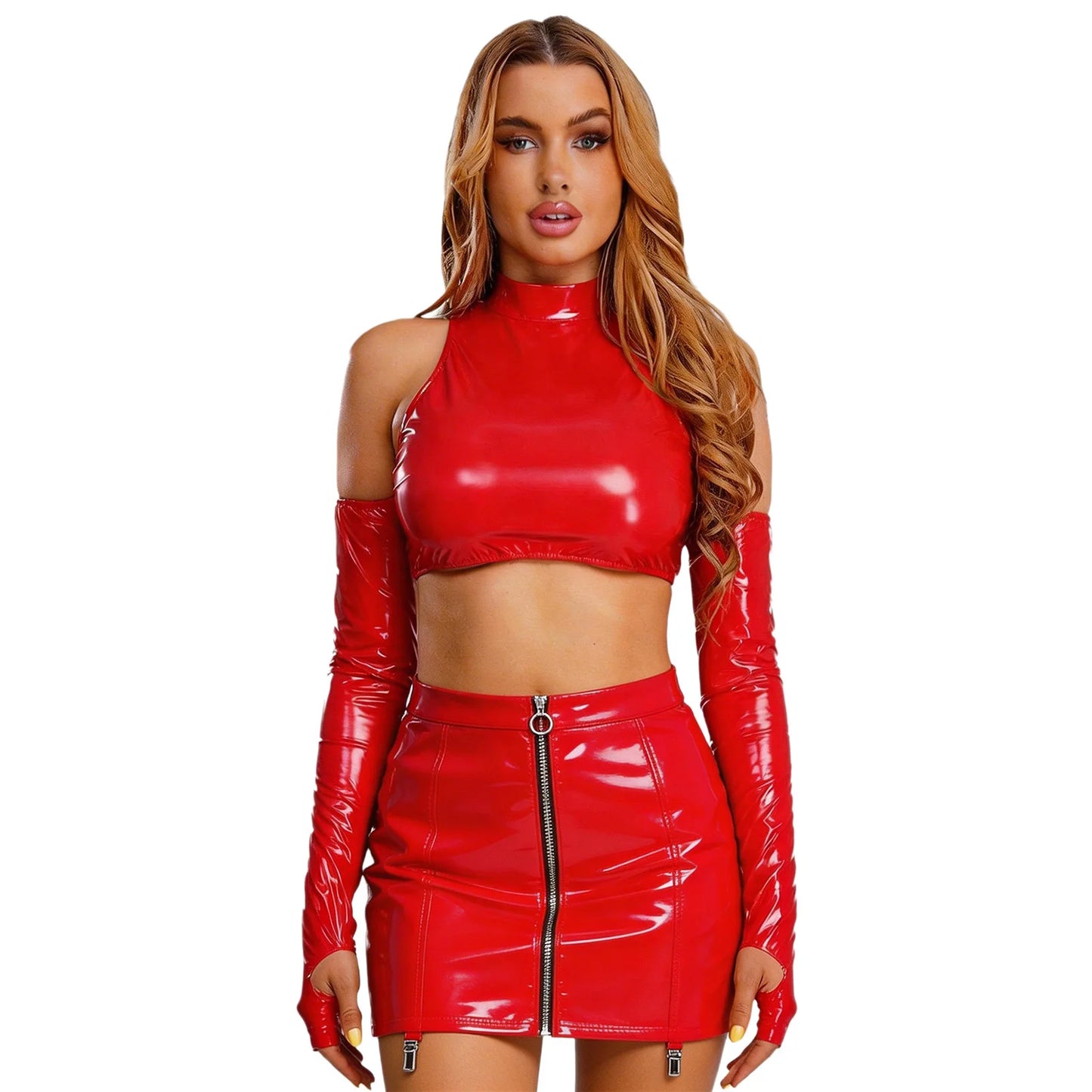 PU Leather Bare Shoulder Long Sleeve Cut-Out Crop Top + Zipper Front Transparent Floral Lace Back Design Bodycon Mini Skirt Women's 2-Piece Set to 3X Plus Size