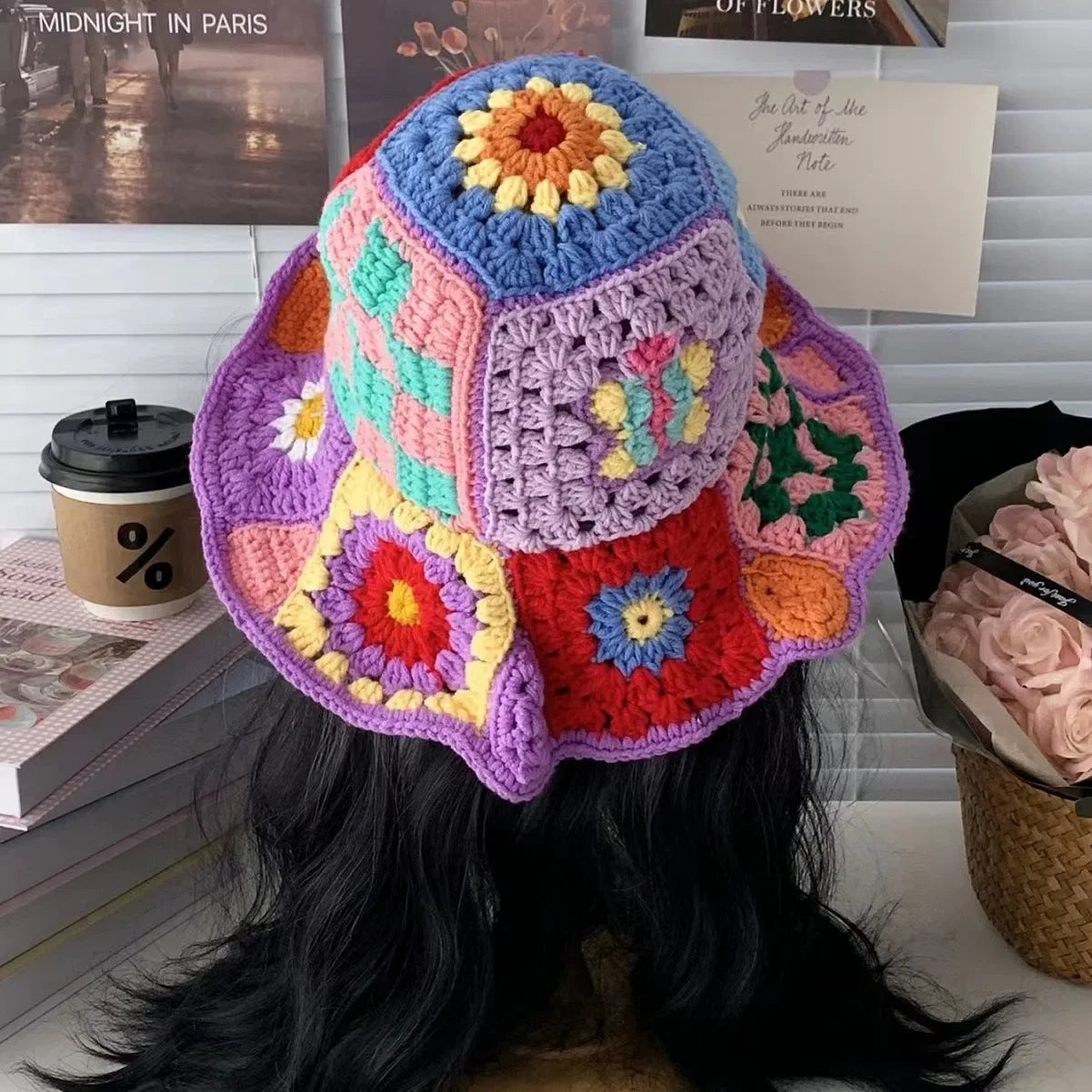 Handmade Knitted Crochet Large Brim Patchwork Flower Design Yarn Hook Needle Fisherman's Bucket Hat