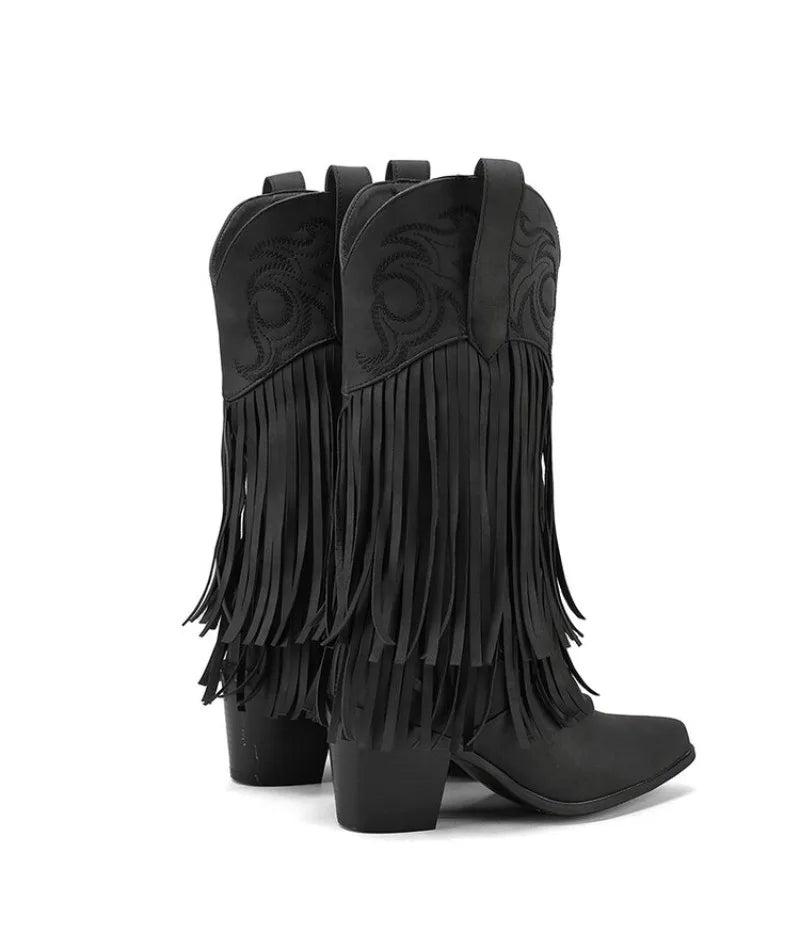 Western Tassel Fringe Totem Design Pointed Toe Women's Wedge Heel Knee-High Cowgirl Rodeo Boots