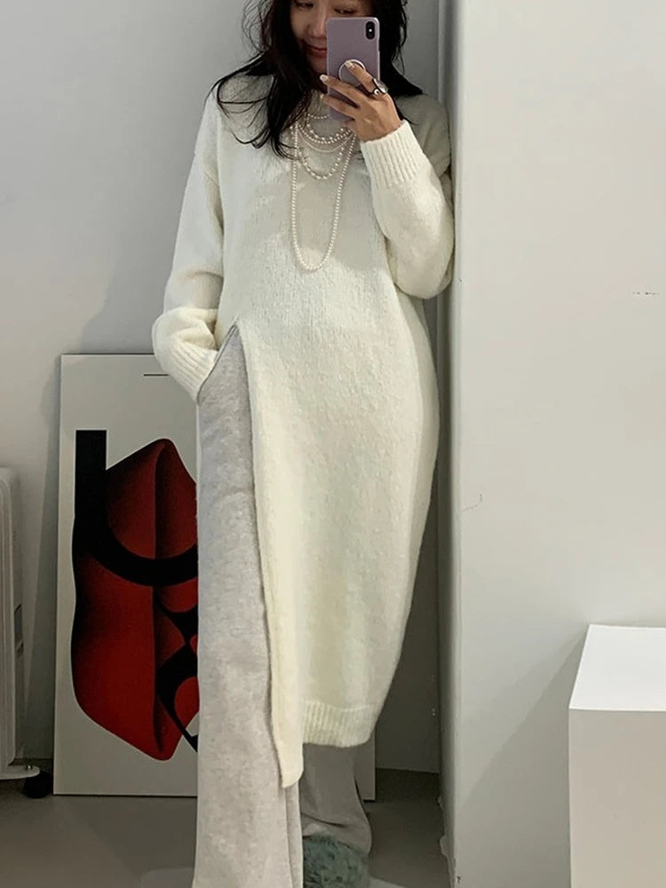 Oversized Wool Solid Knitted Long Sleeve Maxi Sweater Dress