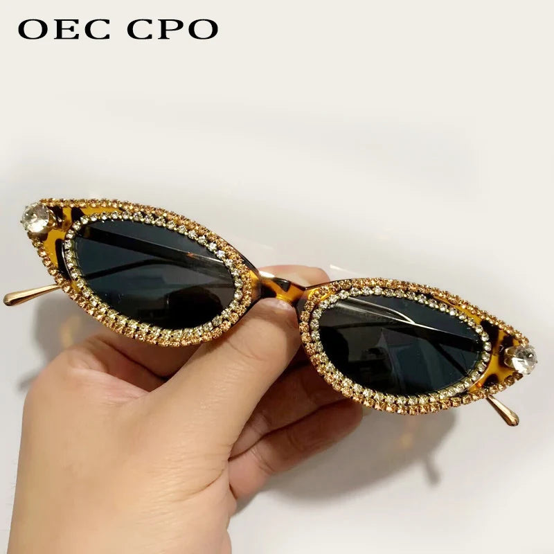 Vintage Rhinestone Cat-Eye Oval Small Frame Bling Diamond  UV400 Women's Sunglasses