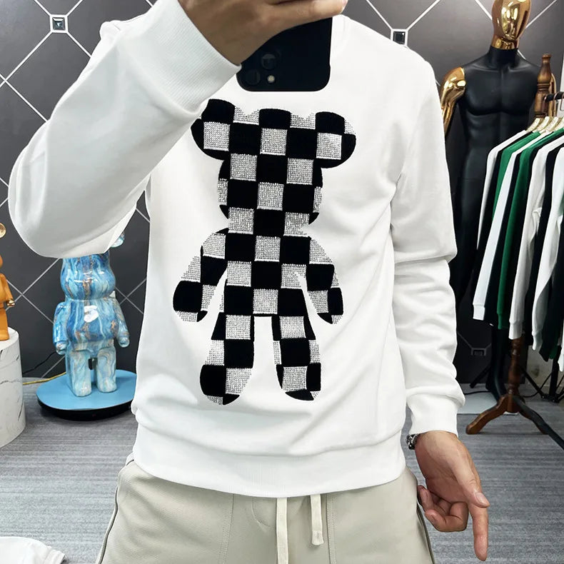 Men's O-Neck Rhinestone Checkered Teddy Bear Streetwear Sweatshirt