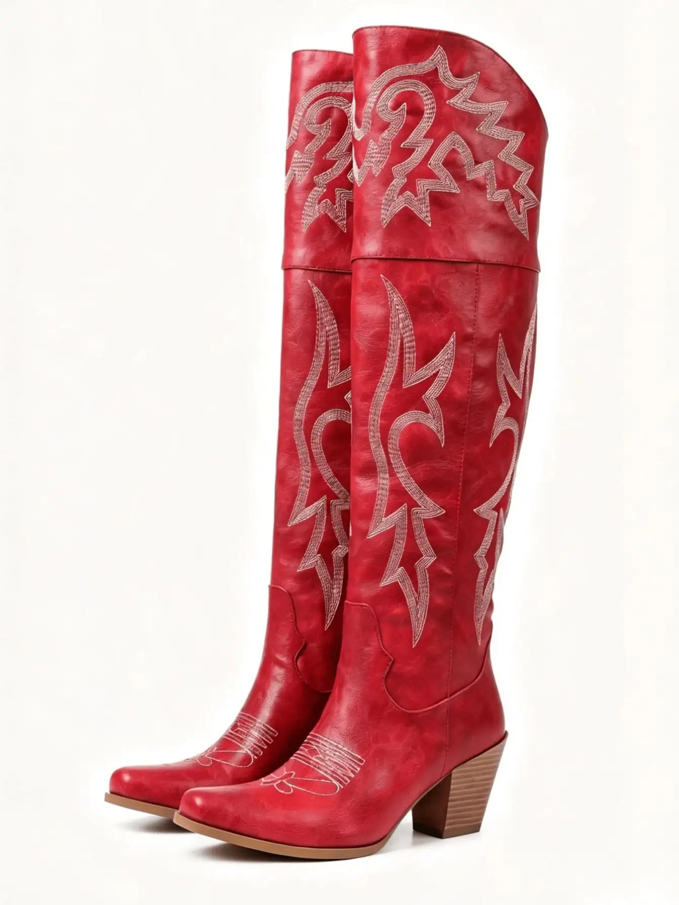Western Over-the-Knee Women's Embroidered Design Pointed Toe Chunky Heel Cowgirl Rodeo Boots