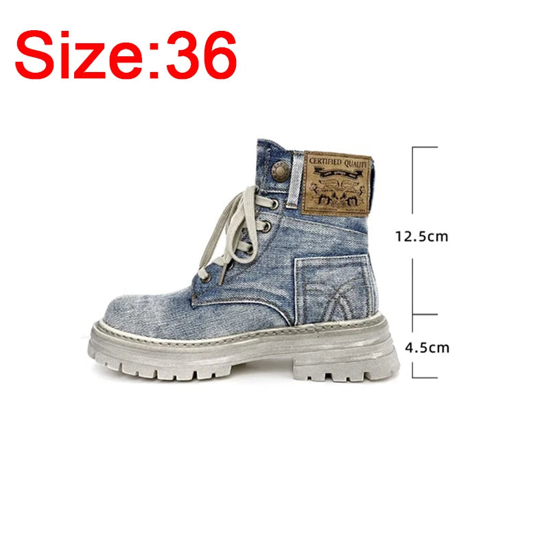 Retro Women's Lace Round Toe Short Western Denim Jean Motorcycle Boots