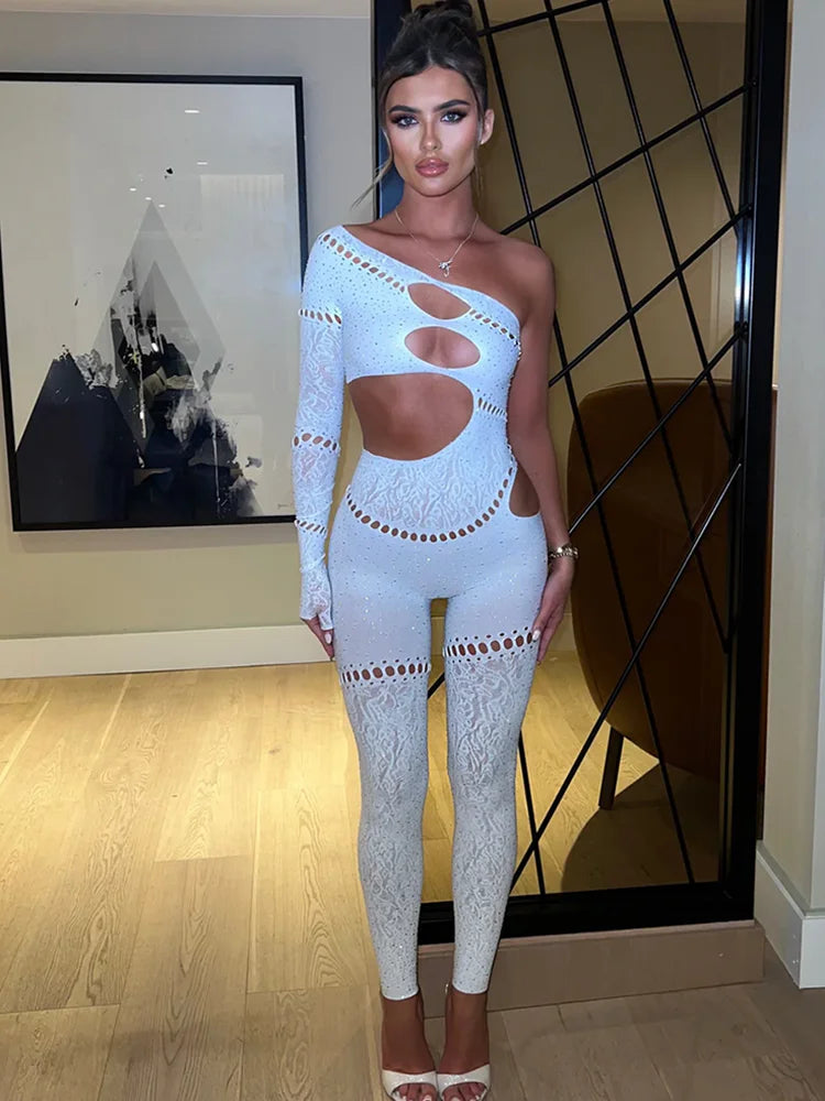 Sparkling Rhinestone Cuff Hollow-Out High Elastic Luminous Solid Color Jumpsuit