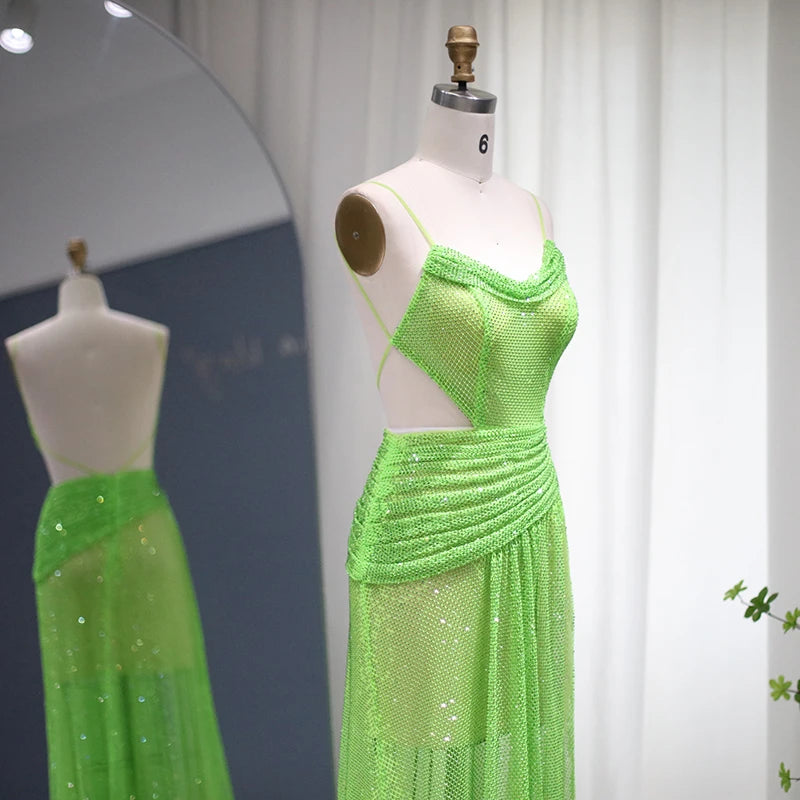 Neon Green Crystal Sheer Mesh Transparent Spaghetti Strap High Slit Mini/Maxi Party Sweep Train Dress