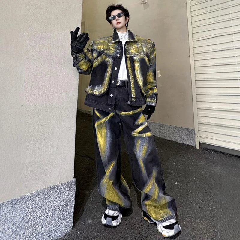 Men's Black/Yellow Colorblock Gradient Painted Design Denim Jean Jacket + Baggy Denim Jeans 2-Piece Set