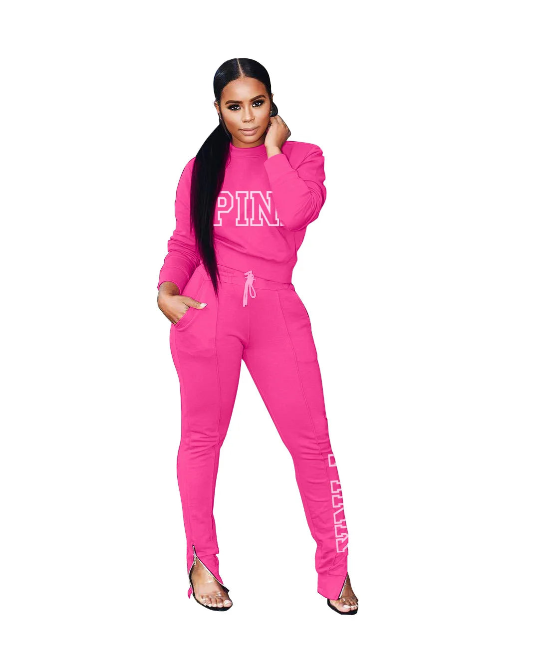 "PINK" O-Neck Long Sleeve Tops + Long Pants Suit Tracksuit