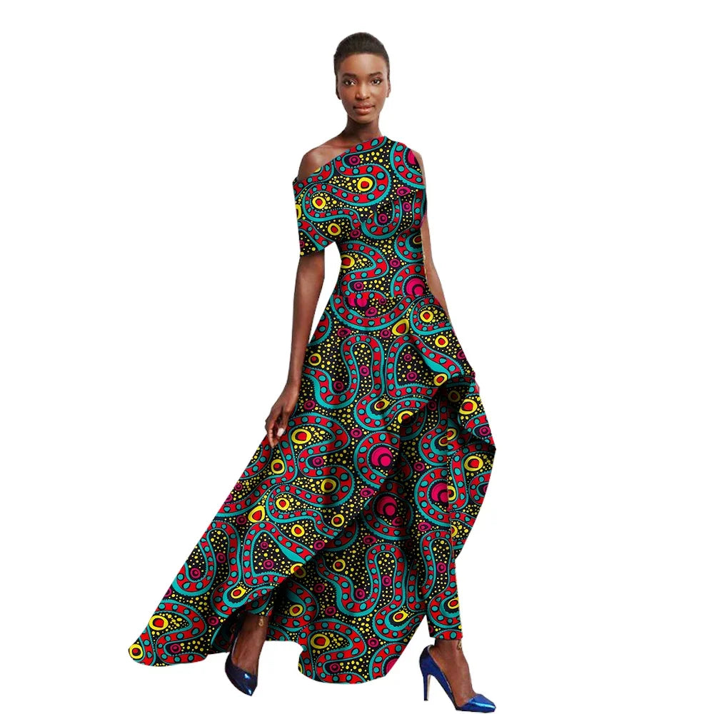 Asymmetrical Diagonal Hem Ankara African Print Short Sleeve O-Neck Maxi Dress + Pants 2-Piece Suit
