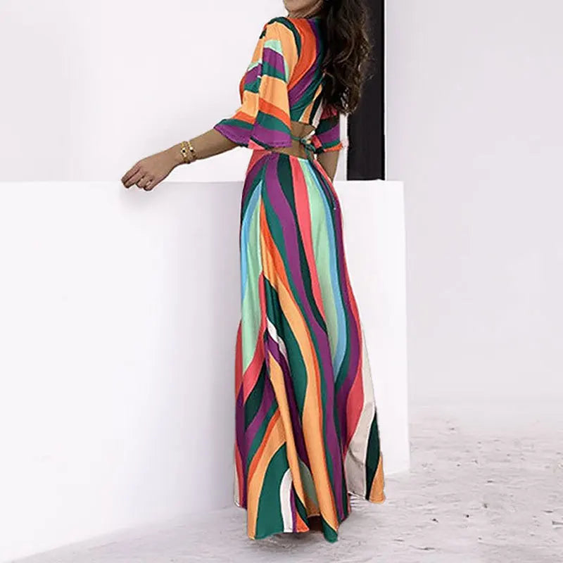 Deep V-Neck Geometric/Striped/Floral Hollow-Out Print Loose Beach Vintage Short Sleeve Maxi Dress to 3X Plus Size