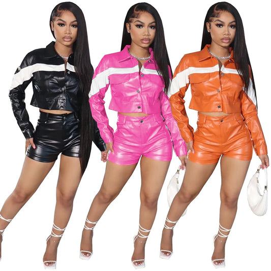 Faux Leather Colorblock Side Striped Motorcycle Biker Jacket Women's 2-Piece Shorts Set