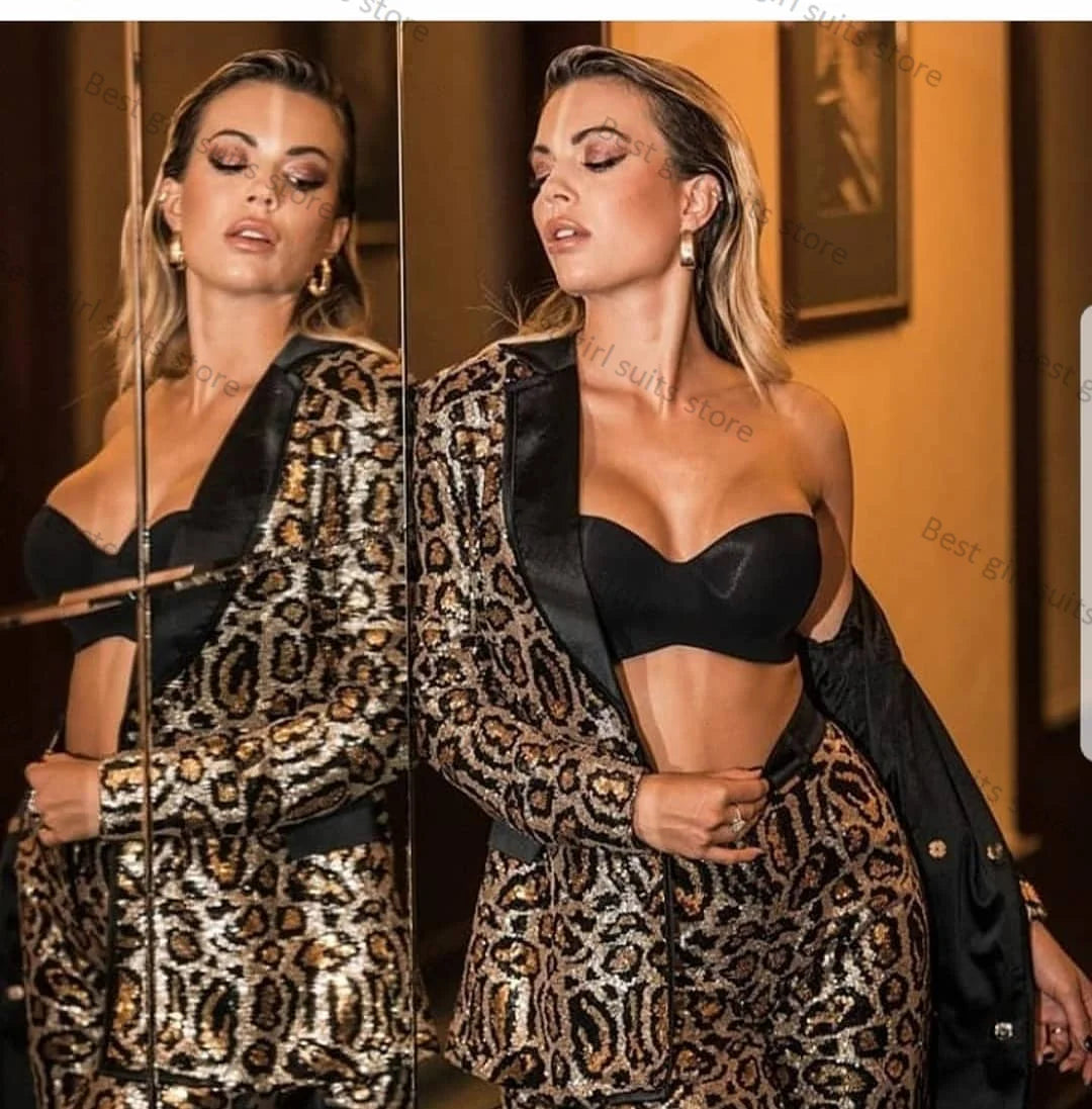 Sequin Leopard Print Women's Blazer Jacket + Pants Tailored Formal Suit