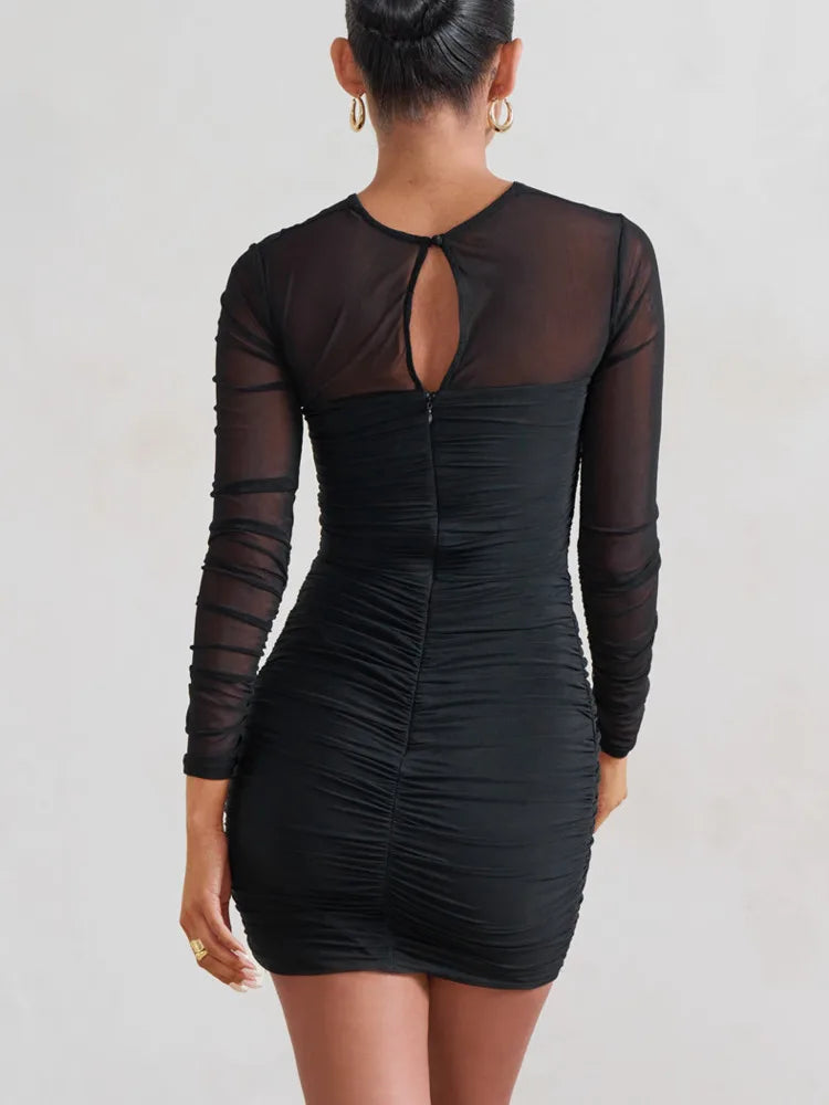 Mesh Sheer Solid Hollow-Out Ruched Two Layer Long Sleeve Bodycon Mini Party Dress