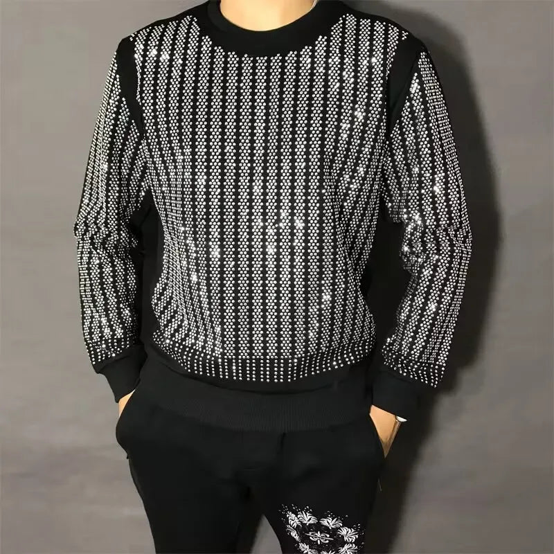 Men's Black Sliver Metallic Lion/Geometric Crystal Rhinestone Pullover Long Sleeve Hip-Hop O-Neck Sweatshirt