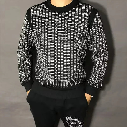 Men's Black Sliver Metallic Lion/Geometric Crystal Rhinestone Pullover Long Sleeve Hip-Hop O-Neck Sweatshirt