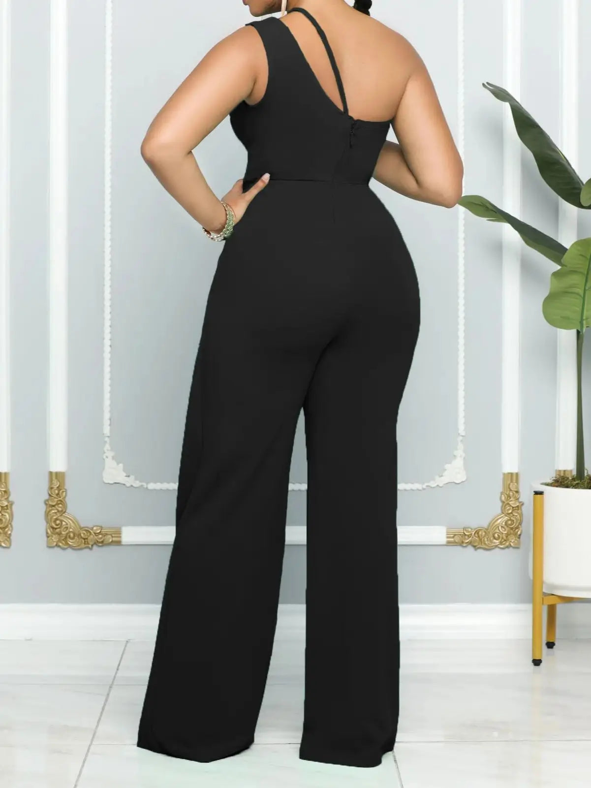 Asymmetrical One Shoulder Overlap Layered Design Sleeveless Solid Color High Waist Women's Jumpsuit