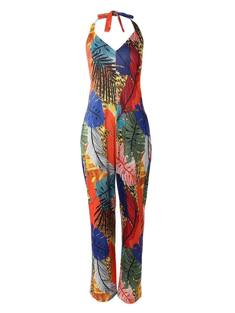 Halter Deep V-Neck Sleeveless Flower Print Wide Leg Jumpsuits