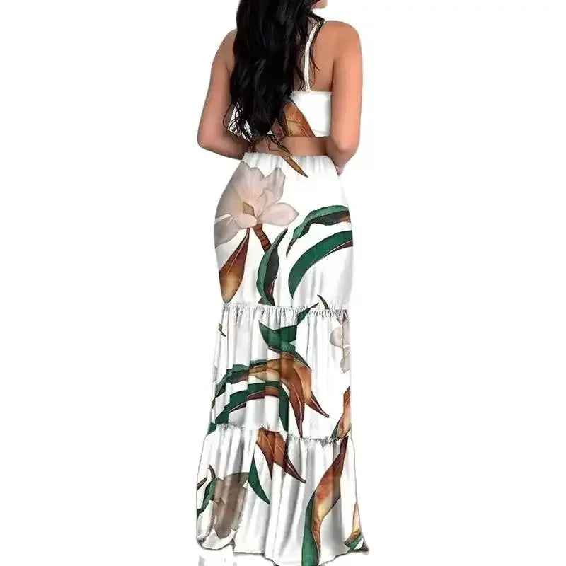 Hawaiian Hollow-Out Floral Backless Bohemian Ruffle Hem Sleeveless Maxi Dress