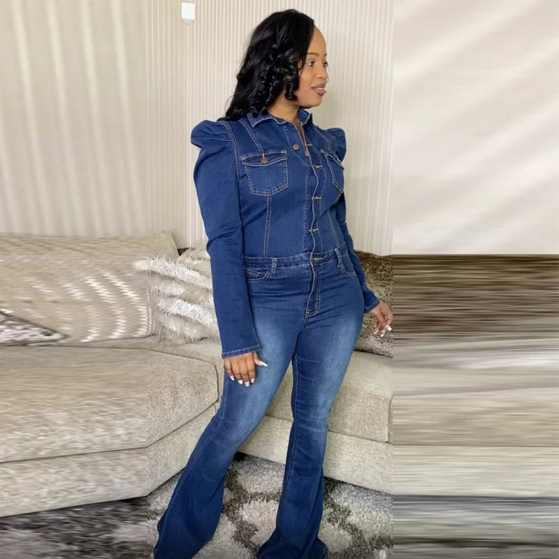 Balloon Sleeve Bleached Washed Denim Mid-Waist Single Breasted Sash Belted Spliced Vintage Jumpsuit to 3X Plus Size