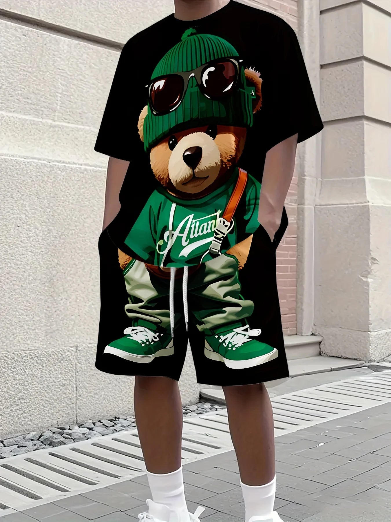 Men's 3D Hip-Hop Teddy Bear Print Short Sleeve T-Shirt + Matching Shorts 2-Piece Set