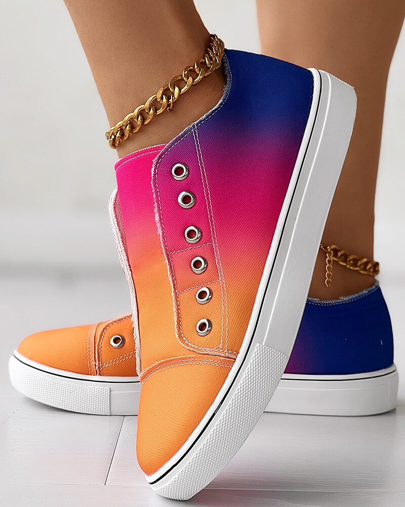 Gradient Ombre Rainbow Colorblock Eyelet Slip On Canvas Sneakers