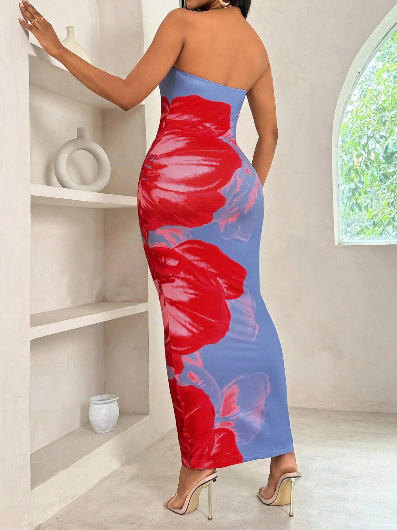 Sleeveless Big Flower Print Bodycon Skinny Maxi Tube Dress