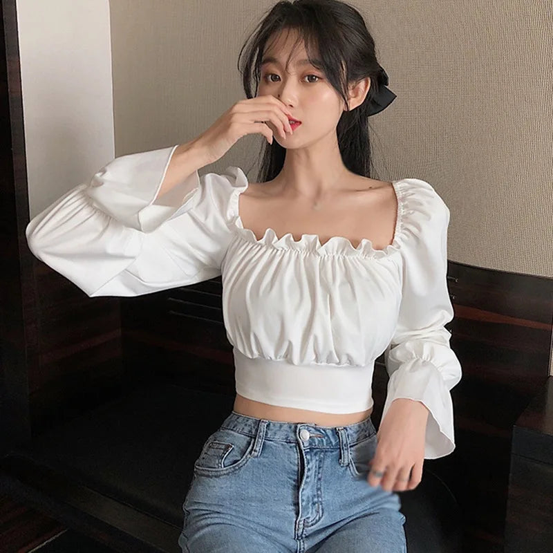 Bandage Criss-Cross Lace-Up Back Ruffled Elastic Slim Off-the-Shoulder Long Puff Sleeve Cropped Blouse