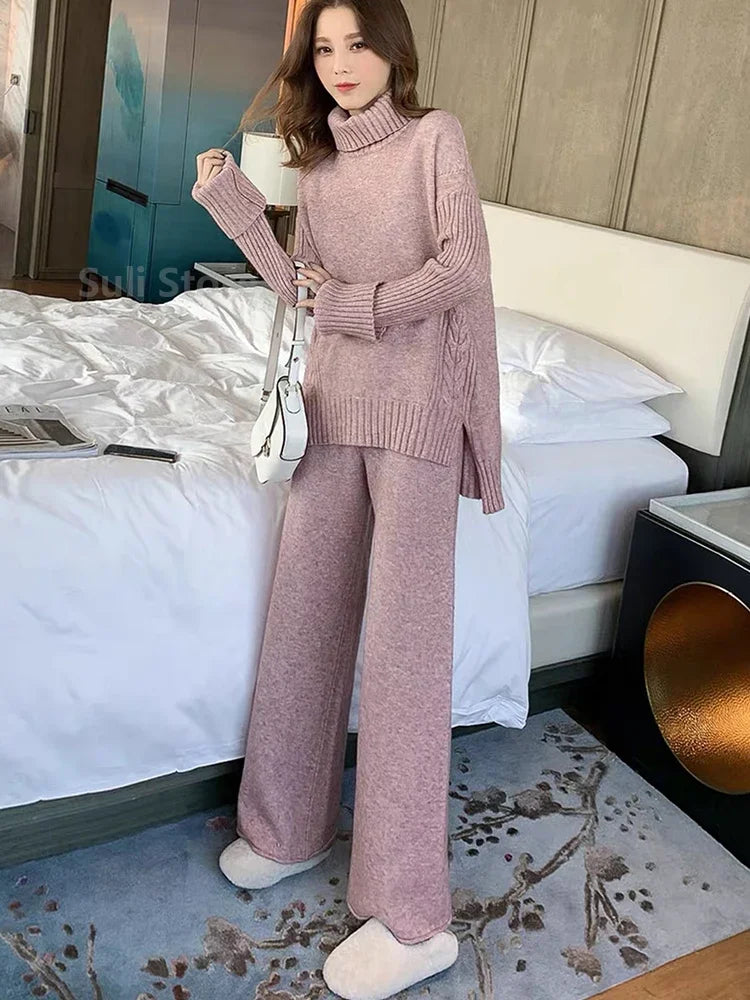 Women's Winter Knitted Solid Turtleneck Sweater + Matching Loose Trouser Knitted Pants 2-Piece Set