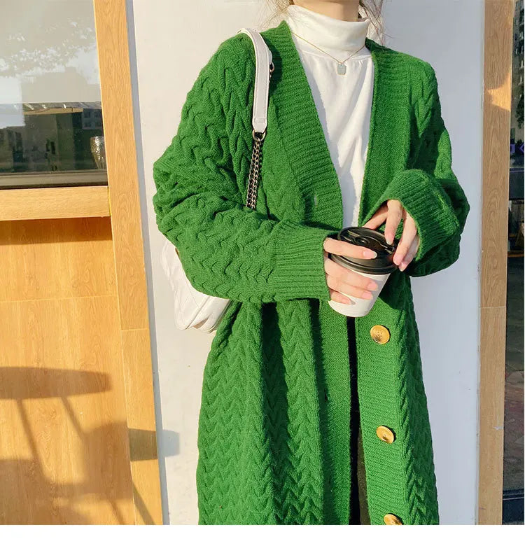 Knitted Twisted Weave Pattern Button Front Women's Maxi Cardigan Sweater
