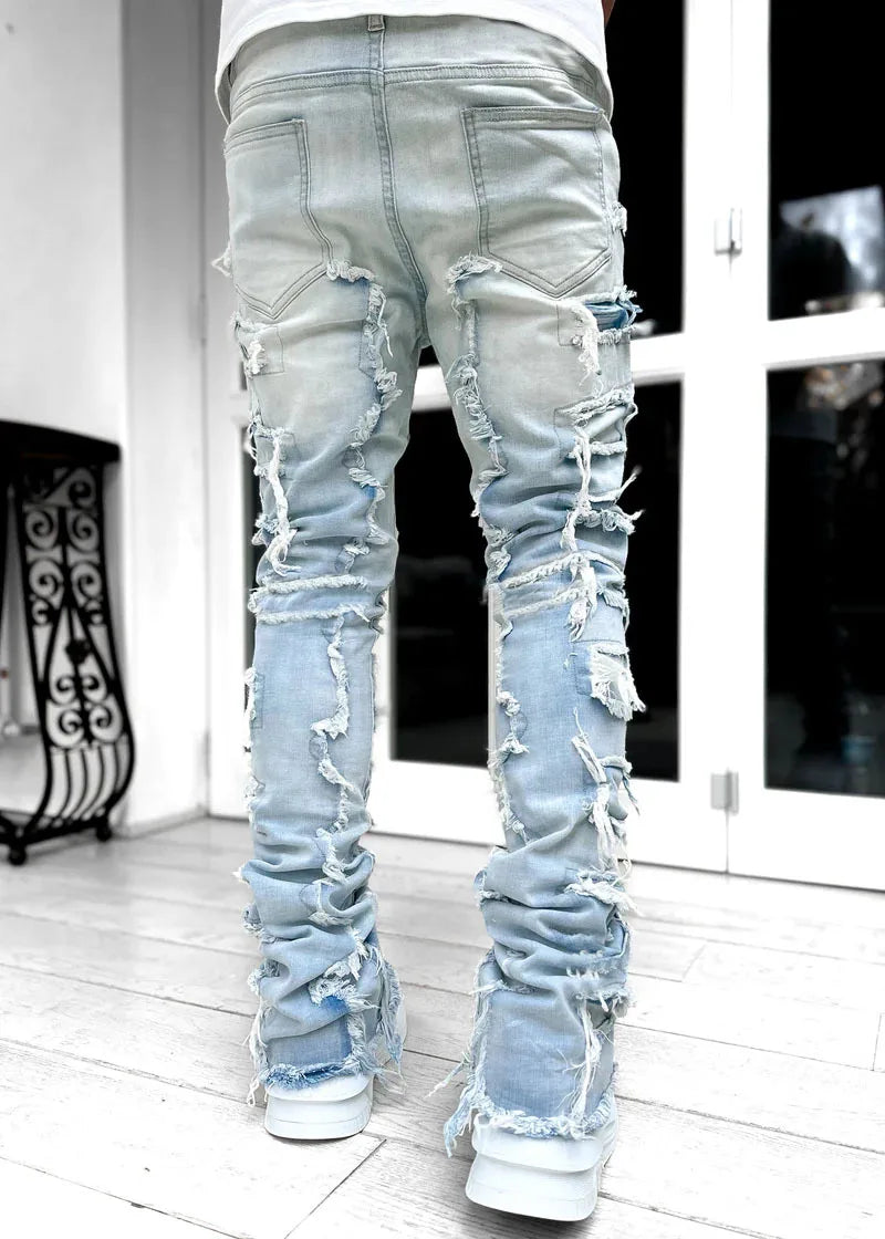 Men's Denim Fringe Ripped Hip-Hop Stretch Stacked Elastic Waist Straight Patchwork Jeans