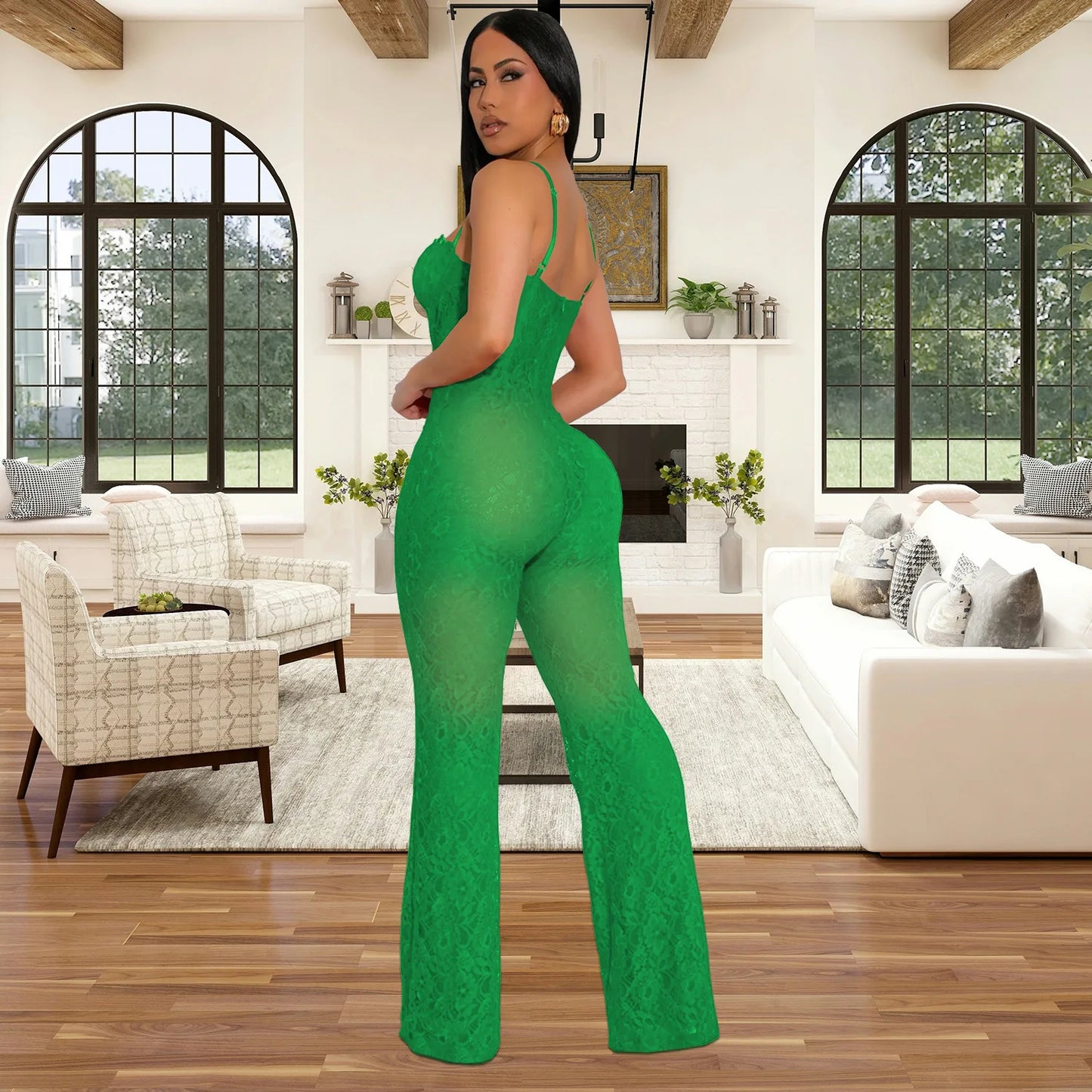Lace Sexy Sheer Mesh Sleeveless Spaghetti Strap Solid Color Formal Jumpsuit