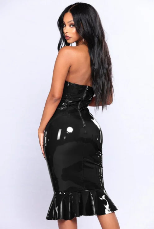 Glossy Strapless/Spaghetti Strap Faux Leather Bodycon Mini Party Dress to 6X Plus