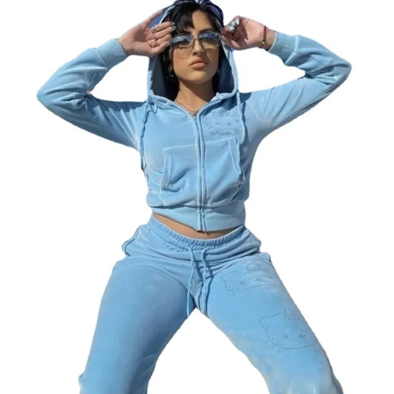 "Hello Kitty" Baby Blue Rhinestone Velvet Zipper Hoodie Ladies Tracksuit