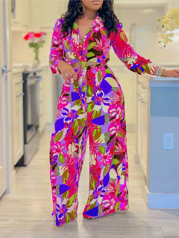 Tropical Pastel Flower Print Long Sleeve Blouse + Wide Leg Women's Trouser Pants 2-Piece Set