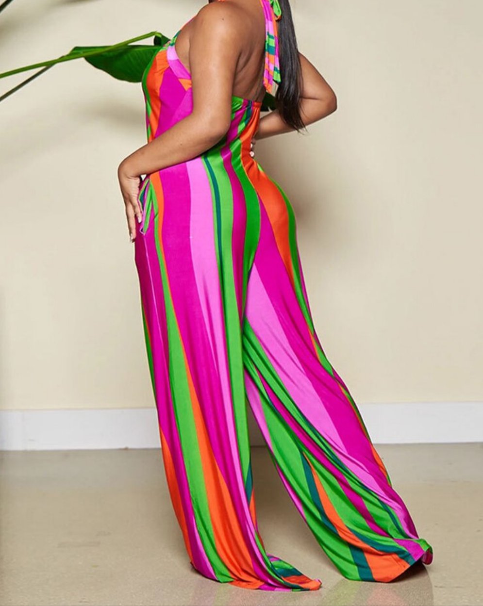 Striped Colorblock Halter Backless Jumpsuit