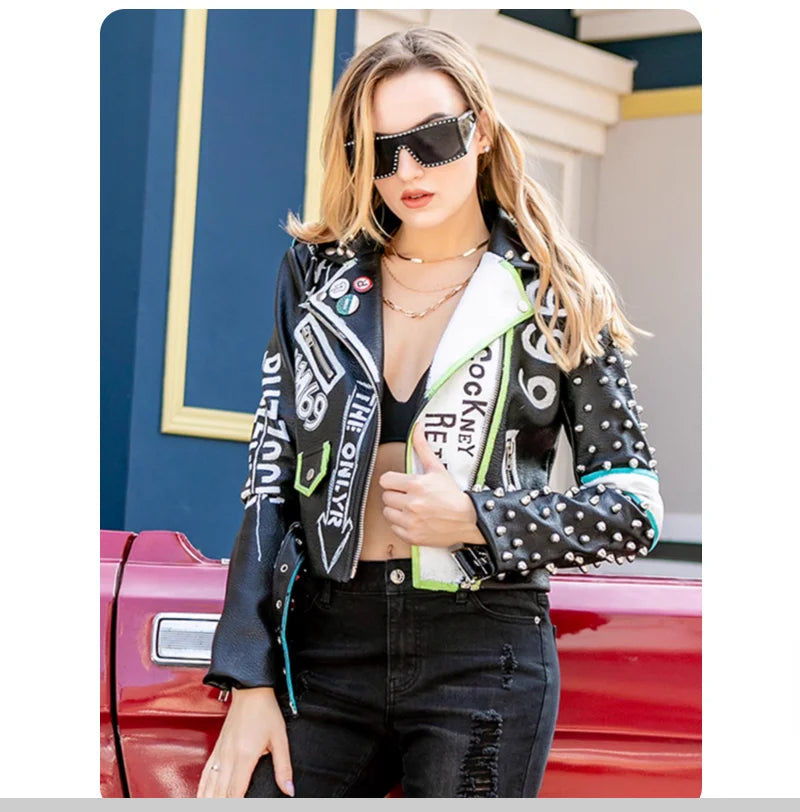 Rivet Stud Clown Print Hip-Hop Design PU Leather Women's Streetwear Biker Jacket to 3X Plus Size