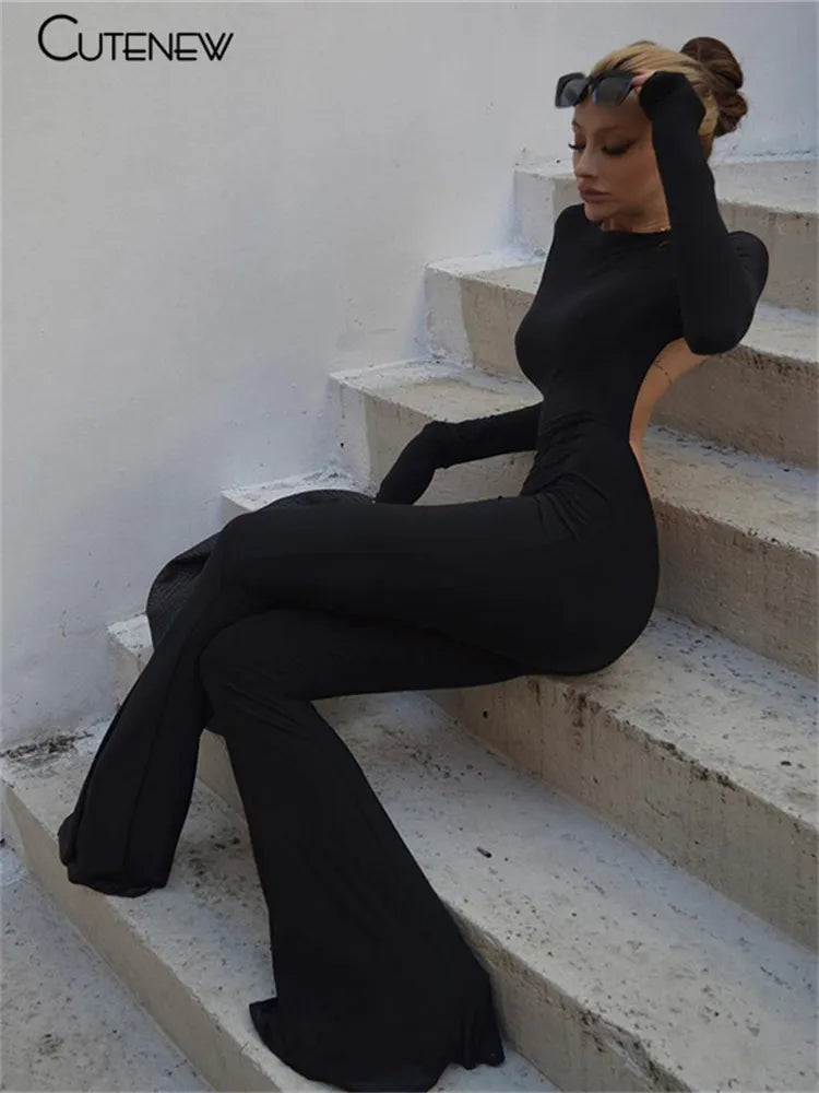 Black Backless Bodycon Flared Leg Skinny Long Sleeve Jumpsuit