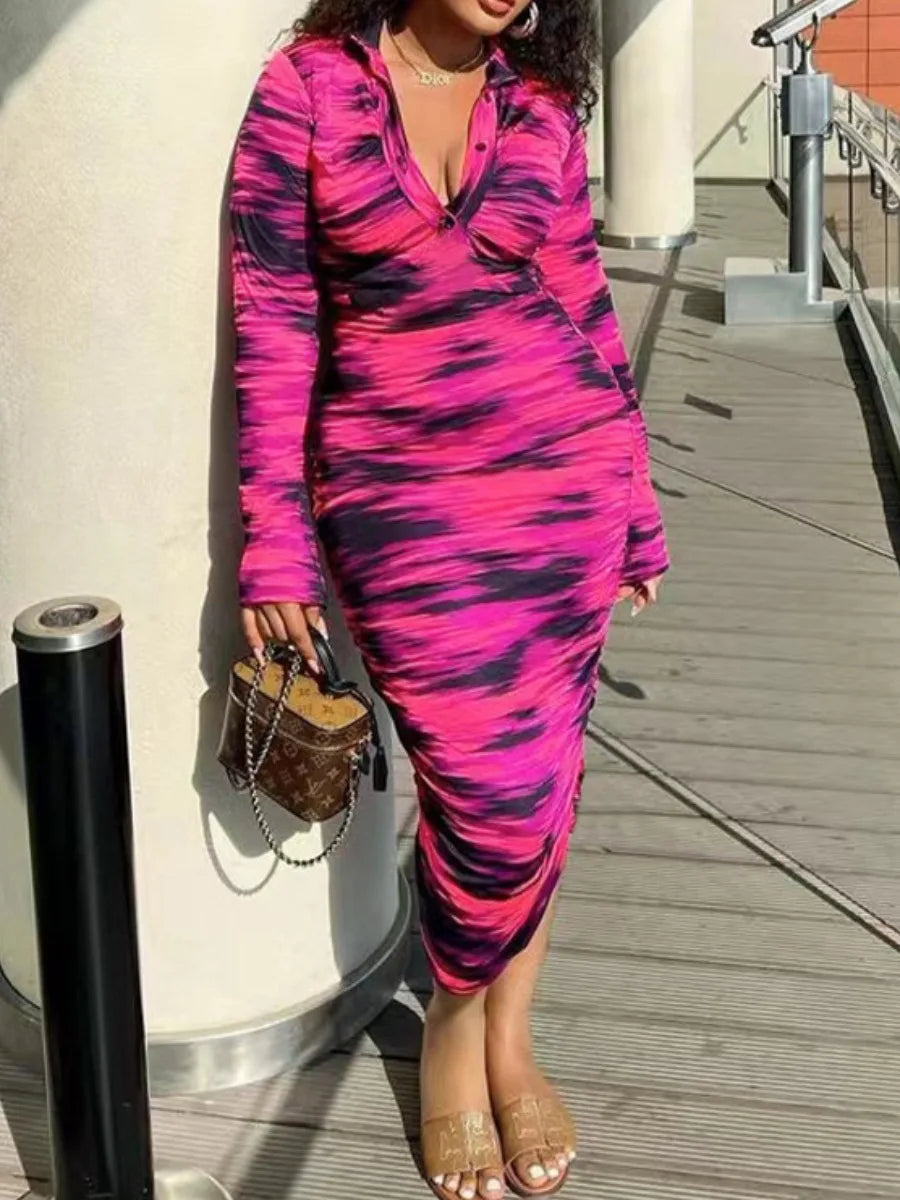 Shirred Ruched Hot Pink/Black Tie-Dye Turn-Down Collar Bodycon Pencil Slit Sleeve Draped Shirt Dress