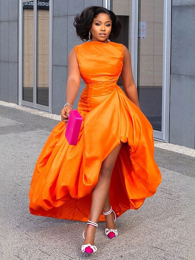 Orange Ruffled Oversized Sleeveless Cinched Waist Formal Maxi Party Prom Dress