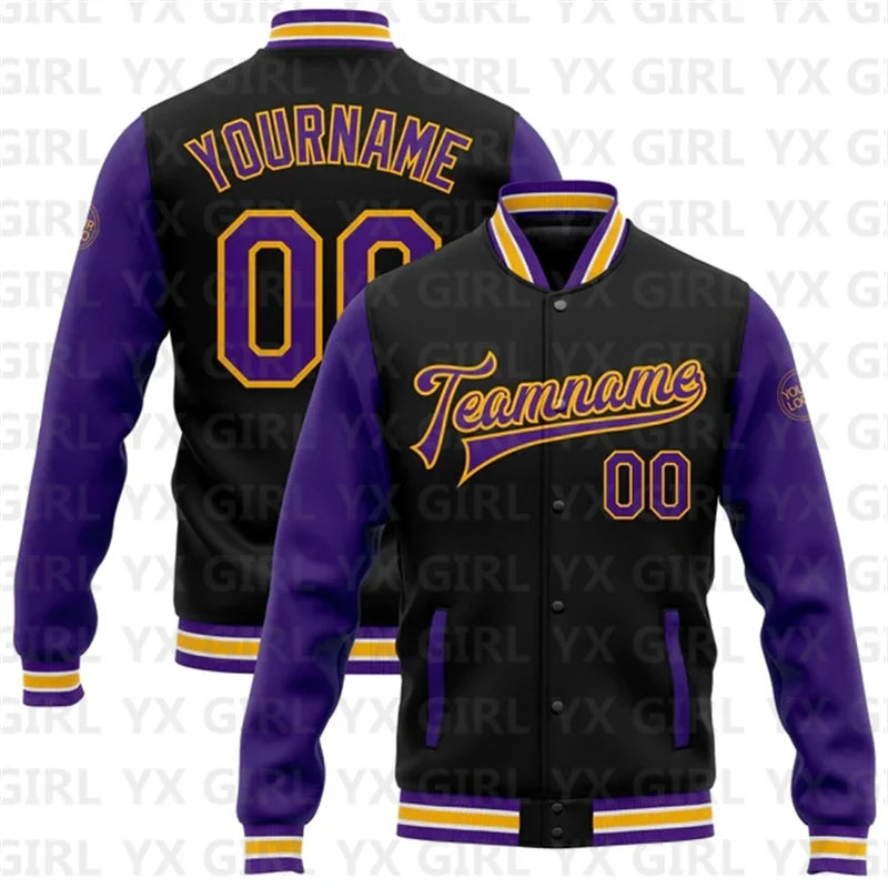 Customized Unisex  2-Tone Colorblock Personalized Black/Purple/Teal/Full-Snap Letterman Baseball Button Varsity Bomber Jacket