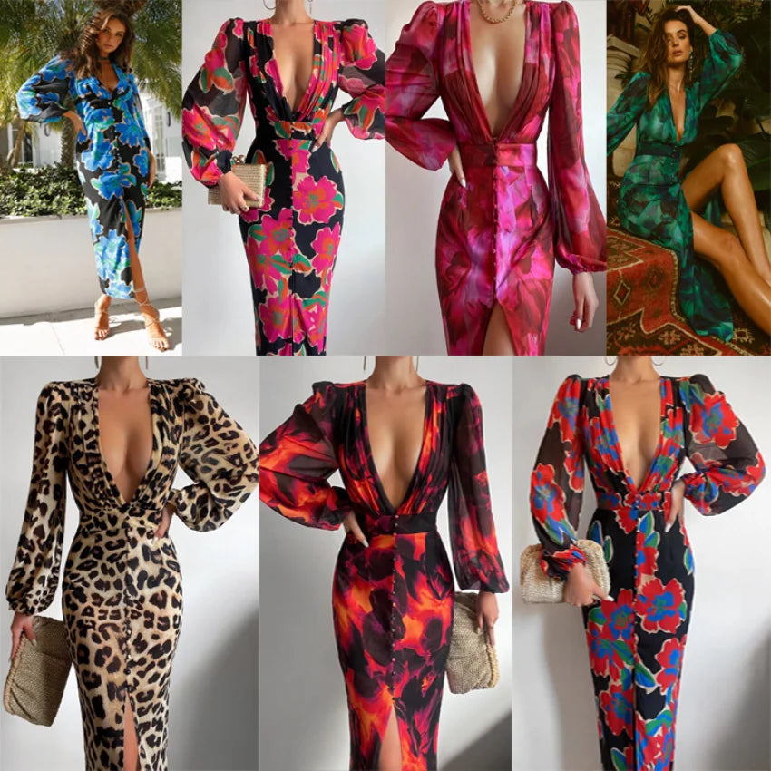 Assorted Leopard Floral Print Deep V-Neck Long Sleeve Maxi Dresses