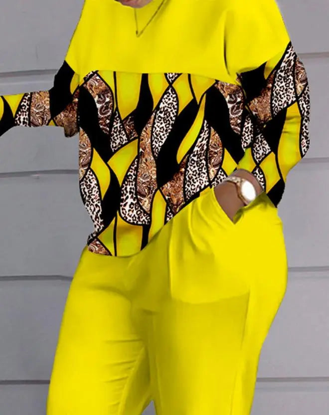 Yellow Leopard Print Colorblock Round Neck Long Sleeve Ladies Top & Pocket Pants 2-Piece Set