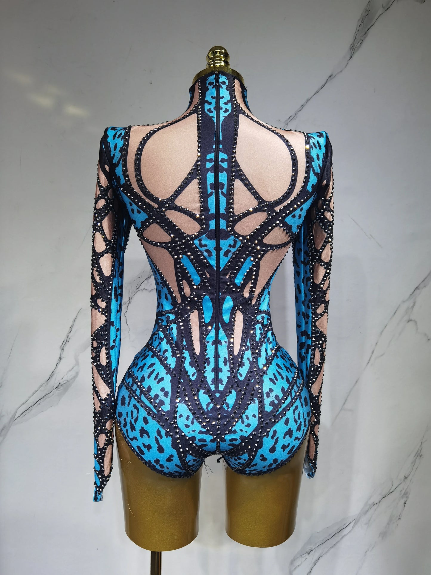 Sparkling Rhinestone Hollow-Out Long Sleeve Stage Formal Stage Performance Skin Tight Bodysuit