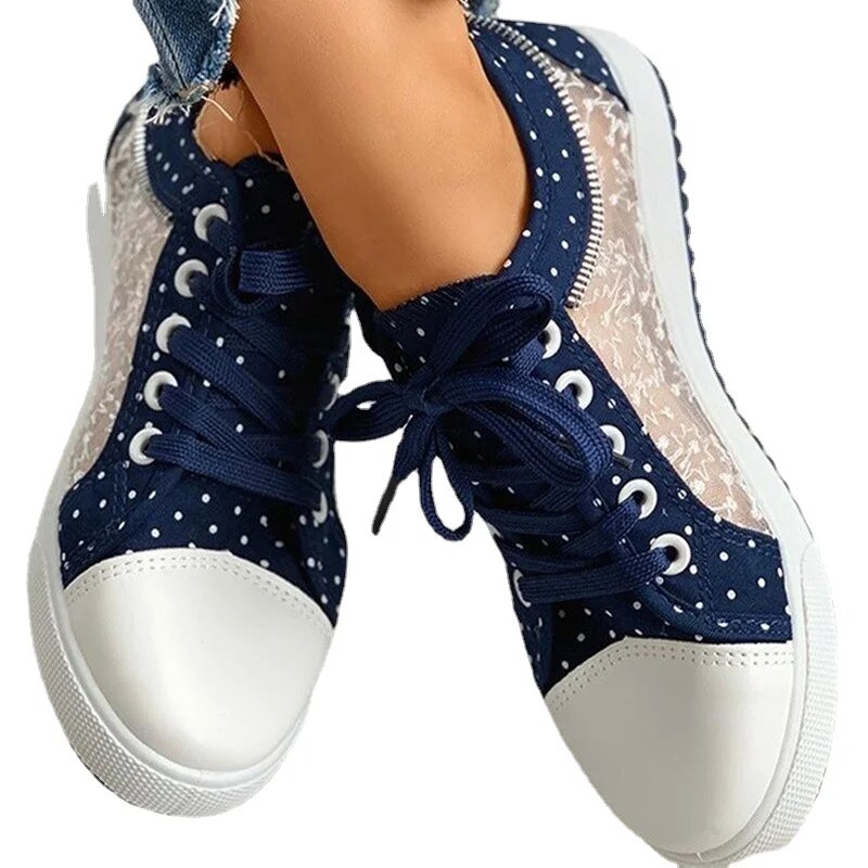 Denim Floral Mesh Cut-Out Lace Canvas Breathable Platform Women's Sneakers