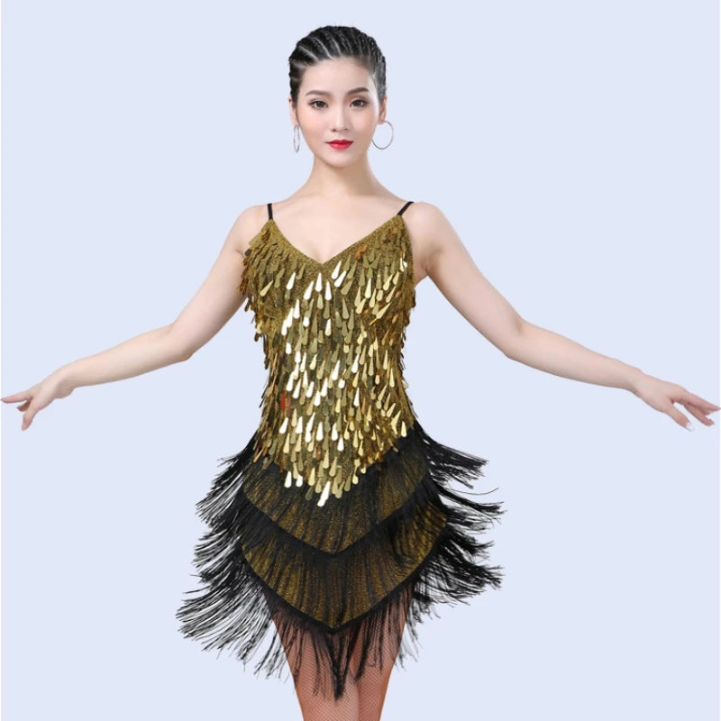 Sparkling Sequined Tassel Fringe Detail Salsa Samba Rumba Tango Latin Dance Flapper Dress