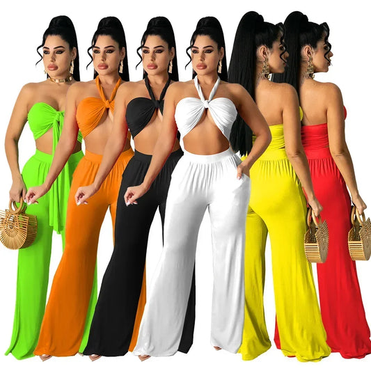 Strapless Hollow-Out  Hatler Neck Crop Top + Leggings Bodycon Solid Color Women's 2-Piece Set